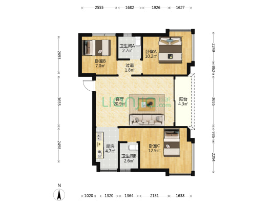 坦诚二路 3室1厅2卫 84平方