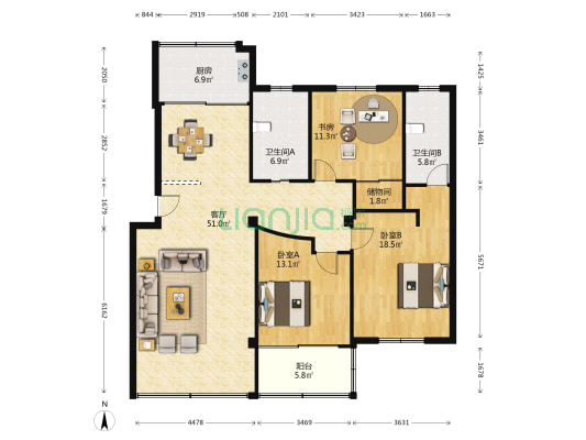 东方苑小区 3室1厅2卫 139平方