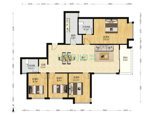 天府万科城 4室1厅2卫 122平方