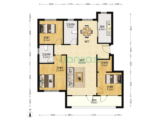 绿城诚园一期 3室1厅2卫 115平方