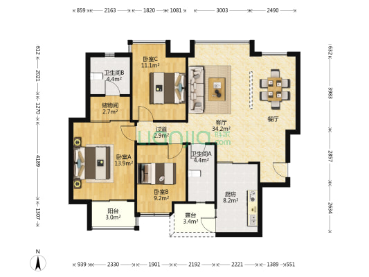 嘉里桦枫居南区 3室1厅2卫 116平方