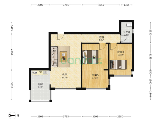 八号公寓 2室1厅1卫 84平方