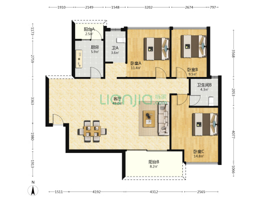 岭南雅苑 3室1厅2卫 112平方