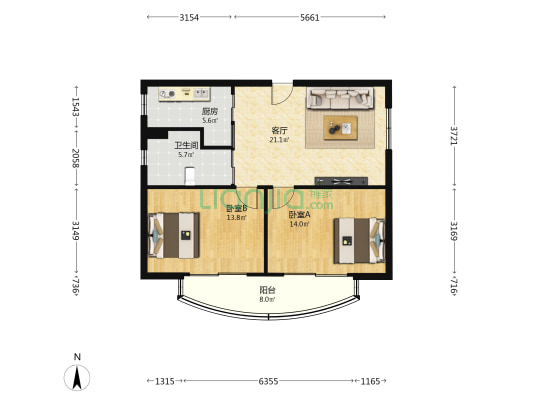 协诚中心大厦 2室1厅1卫 92平方