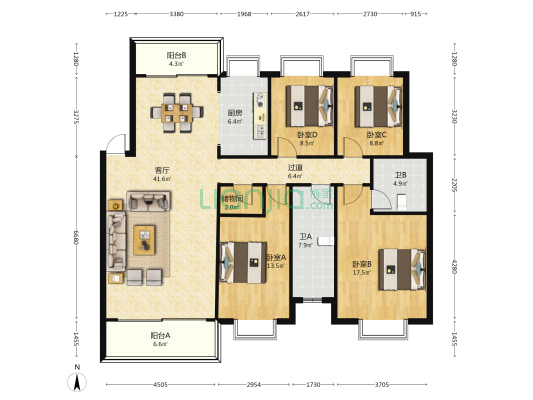 阳光水岸 4室1厅2卫 148平方