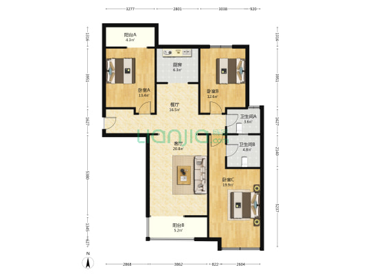兆通华苑 3室2厅2卫 136平方