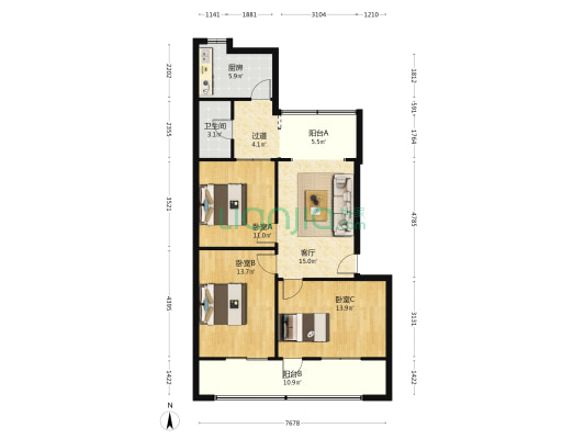 三槐树路2号 3室1厅1卫 85平方