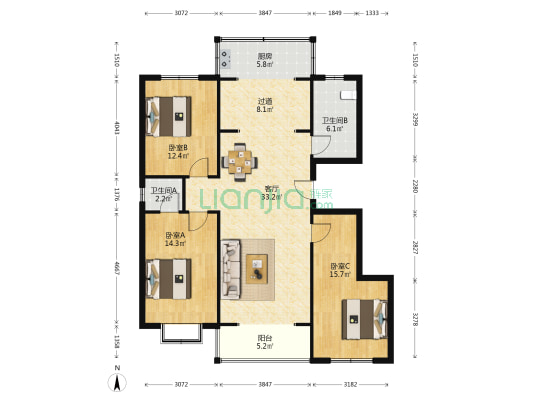 玉祥汇家园 3室1厅2卫 136平方