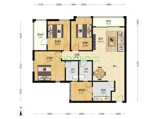 正方盛和苑 3室1厅2卫 121平方