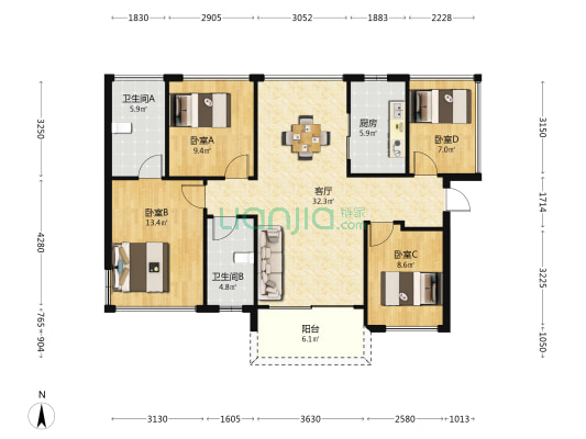 晶地里程花园 4室1厅2卫 110平方