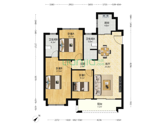 翡翠天悦艺园 3室1厅2卫 115平方