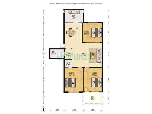 三高新城 3室1厅2卫 116平方
