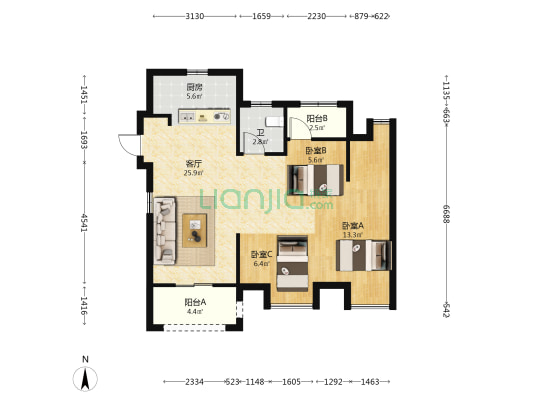 国贸象屿星璟原C区 3室1厅1卫 89平方