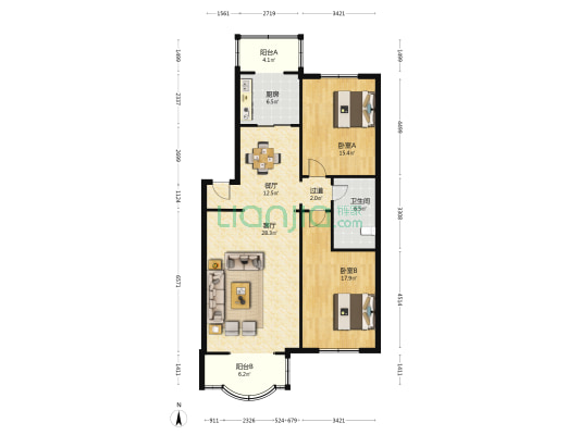 翰林园 2室2厅1卫 120平方