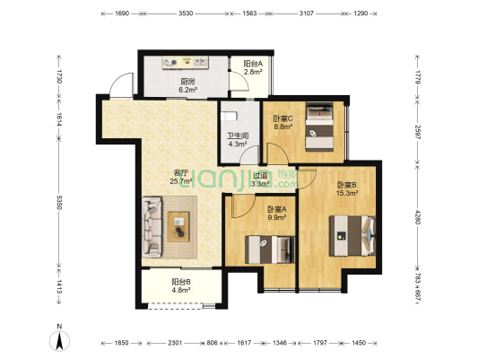 上城中央二期（E组团） 3室1厅1卫 88平方