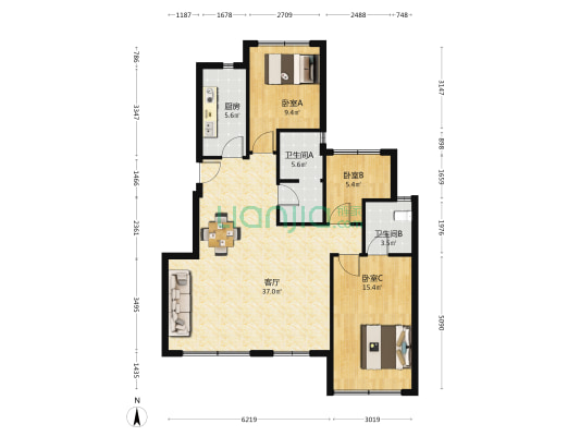 江山筑一号院 3室1厅2卫 109平方