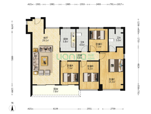 保利铂悦府 4室1厅2卫 122平方