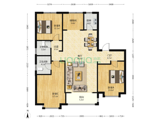 未来花珺 3室1厅2卫 144平方