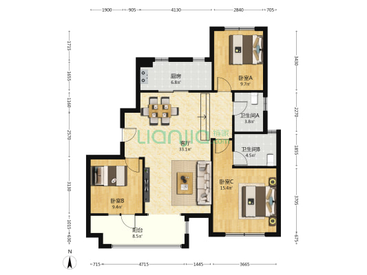 荣盛城西区 3室1厅2卫 126平方