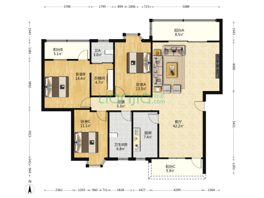 名仕居 3室1厅2卫 135平方