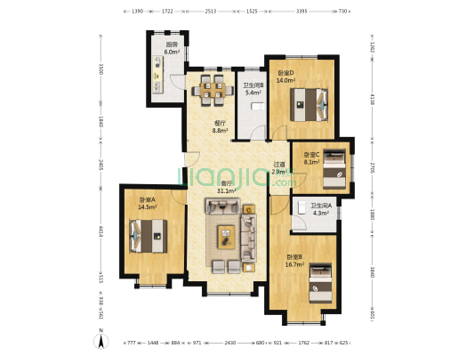 悦湖庭苑 4室2厅2卫 144平方
