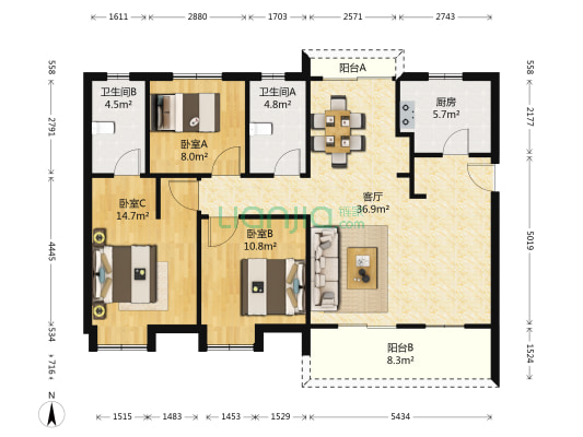 联投驿园 3室1厅2卫 125平方