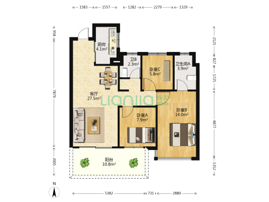 万科悦湾 3室1厅2卫 92平方