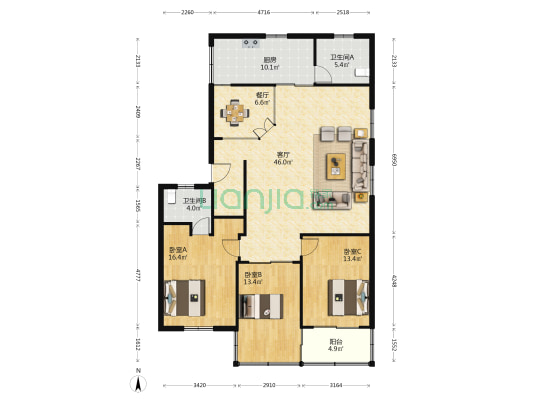 万方花园 3室2厅2卫 135平方