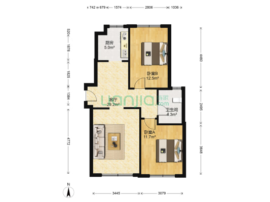 中国铁建国滨苑 2室1厅1卫 93平方