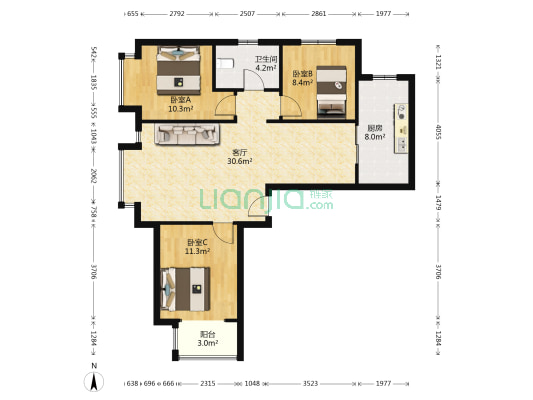 鸿坤理想湾南区 三居全明 采光好 无遮挡-户型图