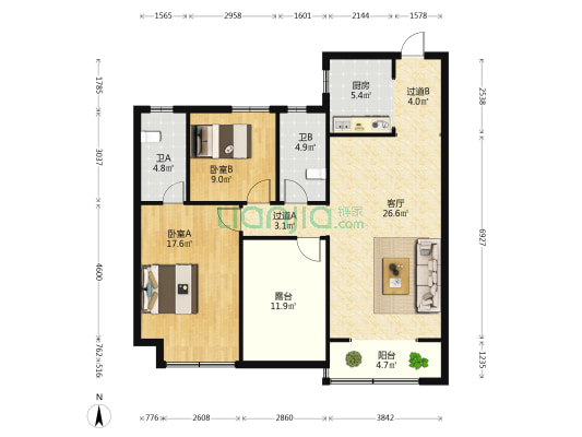 广杰澜溪公馆 2室1厅2卫 108平方