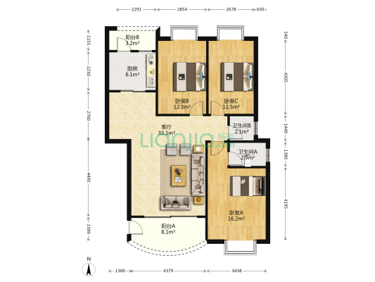 好顺景小区 3室1厅2卫 108平方