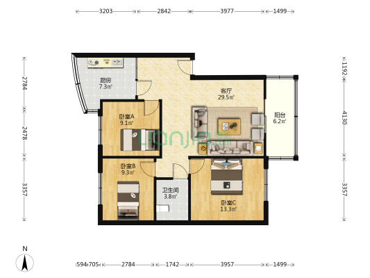 鹿祠街 3室1厅1卫 95平方