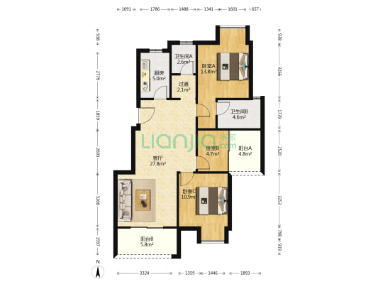 仁中风华A区 3室1厅2卫 92平方