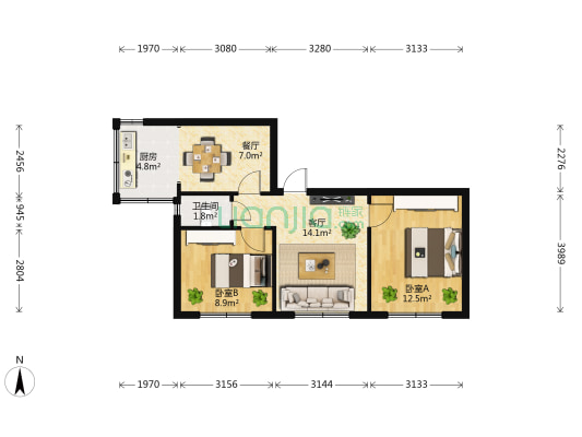 靖国新村56号 2室2厅1卫 50平方