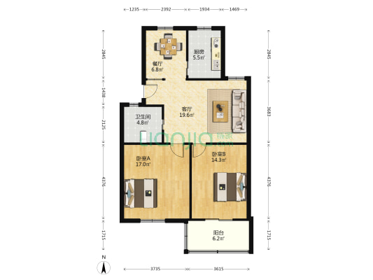 元禾花园 2室2厅1卫 87平方