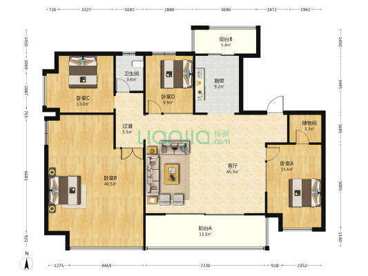 昆明融创文旅城铭海花园南区 4室1厅1卫 195平方