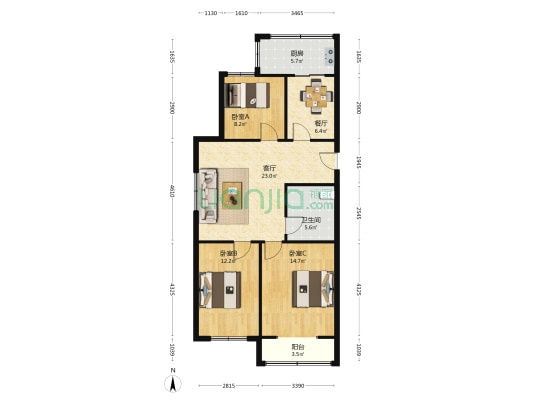 宝鑫景苑百草园 3室2厅1卫 102平方