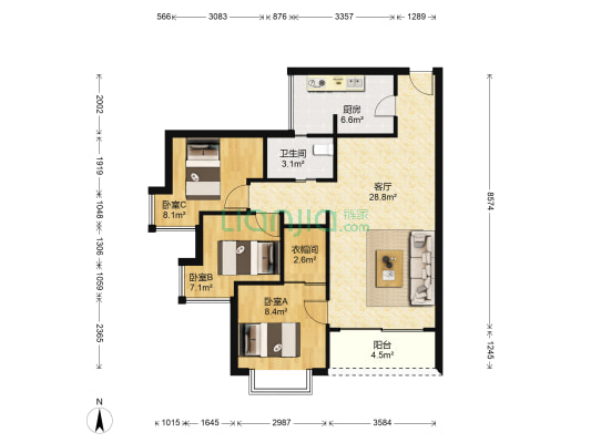 光彩新世纪家园 3室1厅1卫 90平方