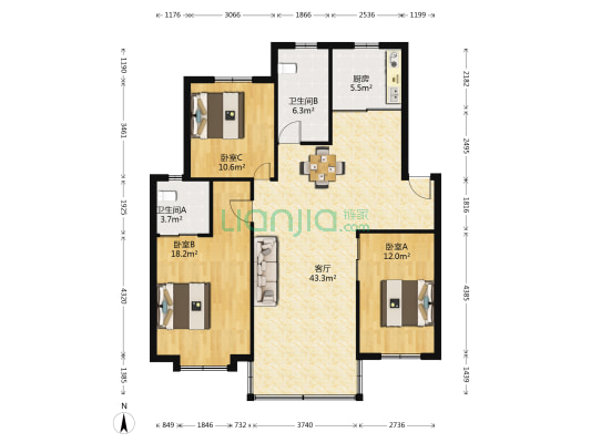 金湖阁 3室1厅2卫 120平方