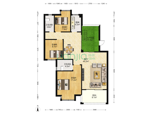 忠信丽苑 3室1厅2卫 117平方