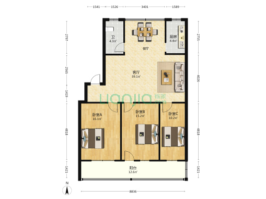 古城路115号 3室1厅1卫 120平方