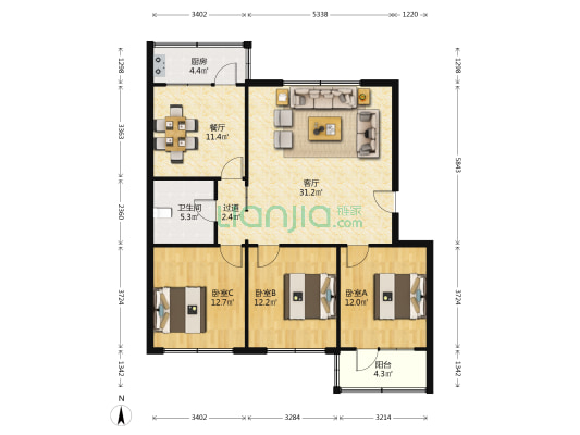 华城路二小区 3室2厅1卫 115平方
