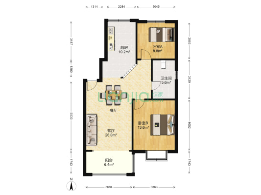 东大城市花园 2室1厅1卫 87平方