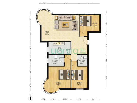 此房满二，采光好，户型方正卧室客厅朝阳-户型图