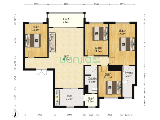 碧桂园花溪1号 4室1厅2卫 147平方
