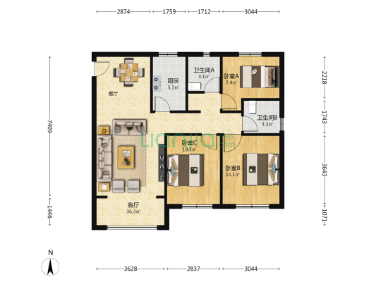 塞纳公园 3室1厅2卫 108平方