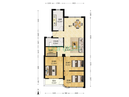 万寿花园 4室1厅1卫 85平方