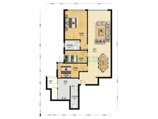 君铂国际 3室1厅2卫 138平方