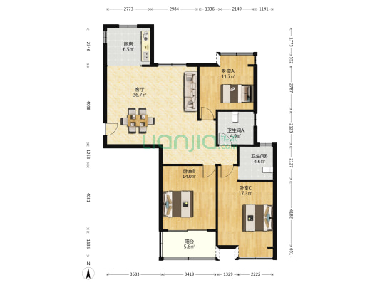 海宁鑫城 3室1厅2卫 130平方